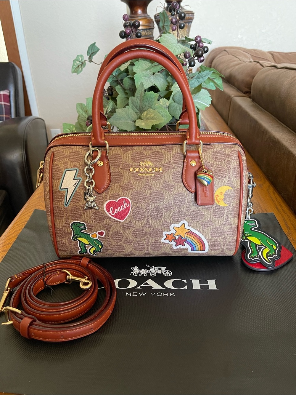 NWOT Coach Rowan Satchel in Sticker Print with 4 Coach Charms